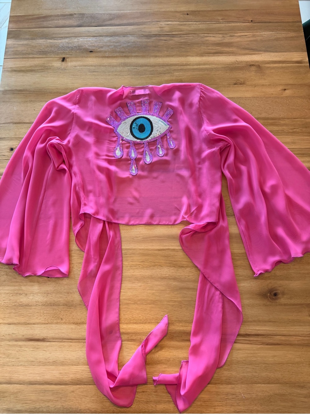 Palm Springs Pink Sheer Tie-Front Top with Embellished Eye Detail - Picture 3 of 6